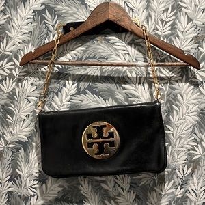 Tory Burch Black Leather Evening Bag with Gold Hardware and Two Pockets